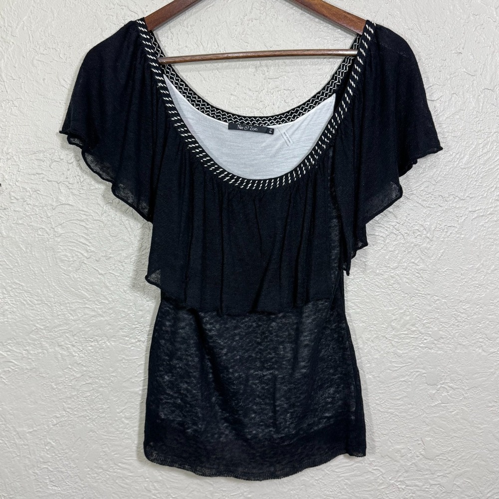 Nic + Zoe Top Petite Small Linen Blend Sheer Off Shoulder Beachy Coastal Capsule